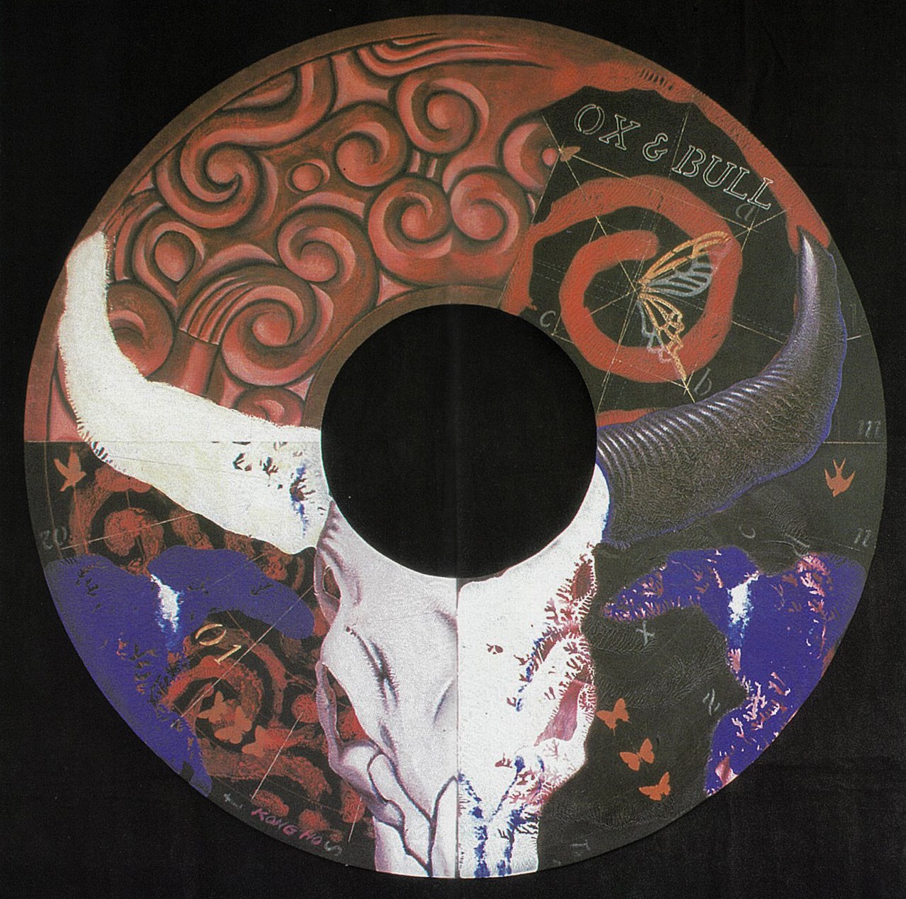 Ox and Bull Skulls on Red, 1998, by Kong Ho